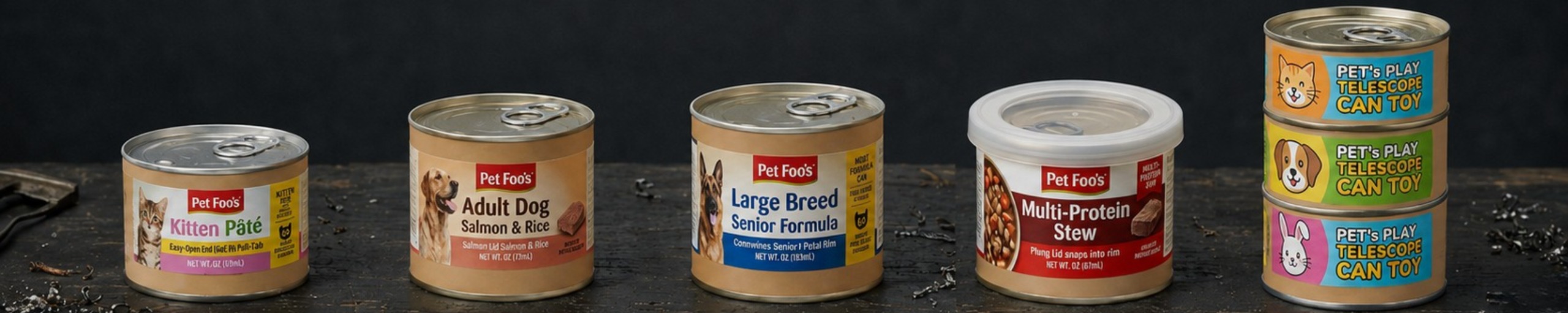 Pet food can lineup