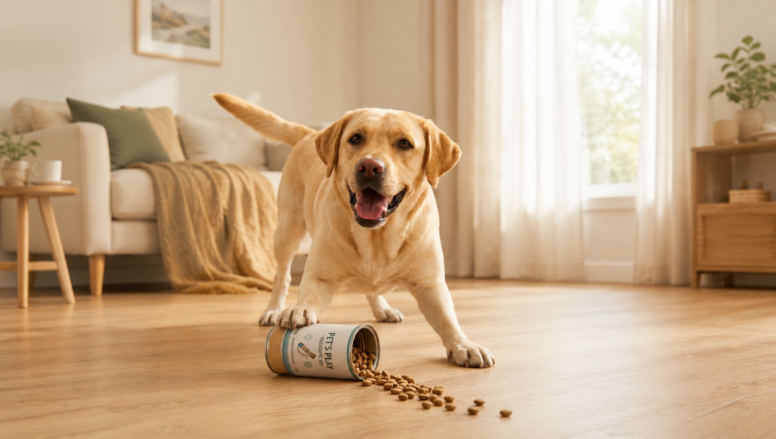 Dog playing with telescopic can toy